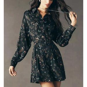 Anthropologie - The Tobie Long-Sleeve Satin Mini Shirt Dress by Exquise